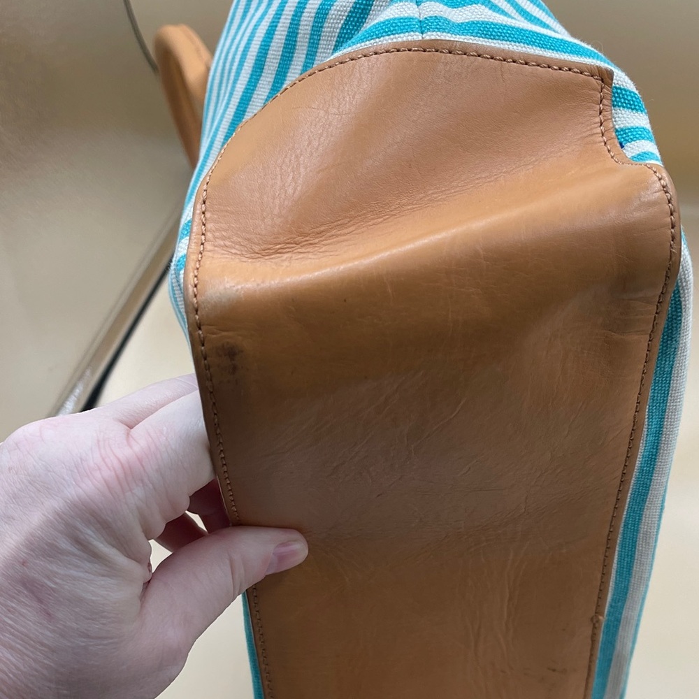 Tory Burch Turquoise and White Striped Canvas Tote with Tan Trim Beach Summer - Picture 7 of 12